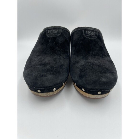 UGG Abbie Winter Clogs Womens Size 7 Black Suede Wooden Platform Slip on Hippie - Picture 2 of 9